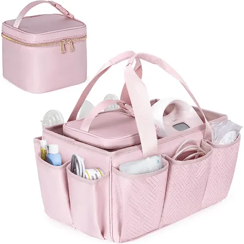 Fasrom Breast Pump Caddy Organizer Bag with Cooler Compatible with Spectra S1 and S2, Pumping Tote Bag Baby Diaper Storage Basket to Hold Pump Parts and Baby Items, Pink (Patent Design)