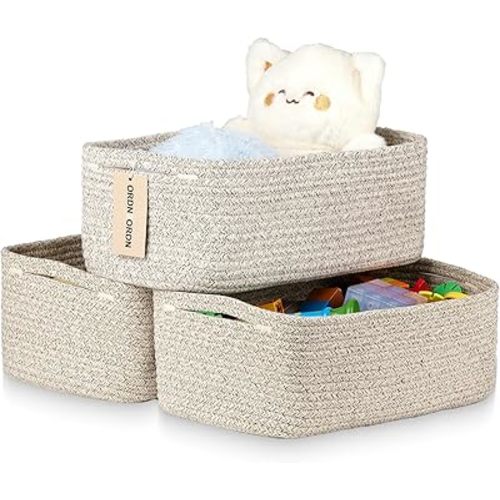 Storage Baskets for Organizing, Small Storage Bins for Shelves, Gift Basket Empty, Cute Woven Decorative Closet Organizer, Baby Rope Basket, Dog Toy Storage, 11x7.5x4.5”, 3Packs Mixed Brown