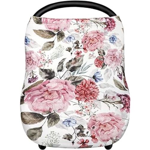 Nursing Cover Breastfeeding, Multi-use Baby CarSeat Cover Girls, Infant Stroller Car Seat Cover, Stretchy Carseat Canopy, Soft Breathable, Peony