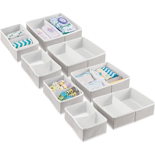 mDesign Fabric Drawer Storage Divider Organizer Bins for Nursery, Kid Bedroom Dresser, Closet, Shelf, Playroom Organization, Hold Clothes, Toys, Diapers, Jane Collection, 4 Pack, Stone Gray/White
