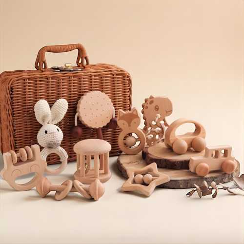 Natural Wooden Baby Rattle – Montessori Newborn Teether & Educational Grip Toy,