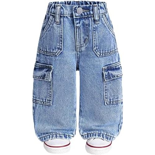 Toddler Boys Cargo Denim Pants Elastic Waist Straight Wide Leg Baggy Jeans Casual Loose Kids Clothes for 6M-3Y