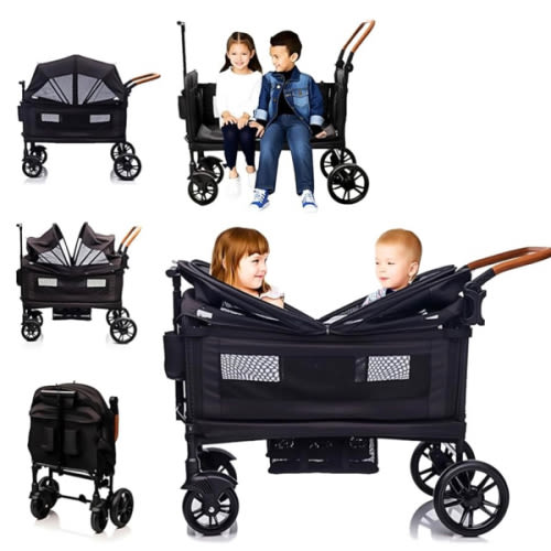 Wagon Stroller for 2 Kids & Cargo-Travel Stroller Push-Pull Double Wagon Lightweight Folding Stroller for Newborn&Toddler with 5-Point Harness,Adjustable Handle Bar and Canopy,Tray Table,Cup Holder