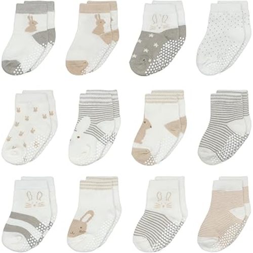 Mother's Choice Organic Cotton Baby Socks 6-12 Months, 12 Pairs Anti Slip Unisex - Soft & Hypoallergenic Baby Girl & Boys Socks (US, Age, 6 Months, 12 Months, Brown,Gray,White)