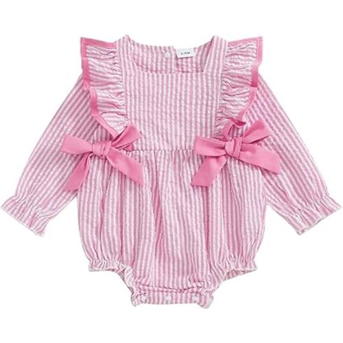 Newborn Baby Girl Fall Outfit Striped Ruffle Long Sleeve Romper Bodysuit Smocked Bubble Clothes
