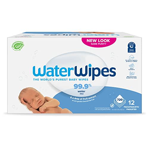 WaterWipes Biodegradable Original Baby Wipes, 99.9% Water Based Wipes, Unscented & Hypoallergenic for Sensitive Skin, 720 Count (12 packs), Packaging May Vary