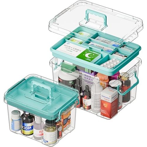 2-Pack Clear Plastic Medicine Storage Organizer & First Aid Box – Multi-Layer Medicine Storage Box, Durable Medicine Organizer, Clear Medicine Storage Box for Home, Office & Travel