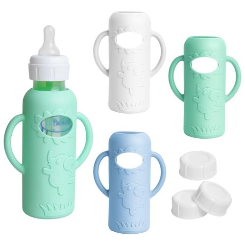 3 Pack Silicone Sleeves for Dr Brown Natural Glass Baby Bottles, Food Grade Anti Breakage Baby Bottle Holder with Handles and 3pcs Travel Bottle Caps (White+Blue+Green, 8oz)