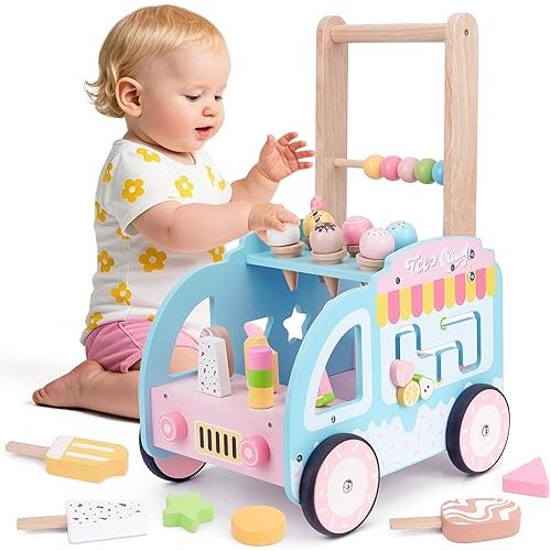 Wooden Baby Walker with Wheels for Girls, Toddler Play Store Ice Cream Toy, Multifunctional Ice Cream Cart with Baby Activity Center, Push Walking Toys Gift for 18+ Months Kids Learning to Walk