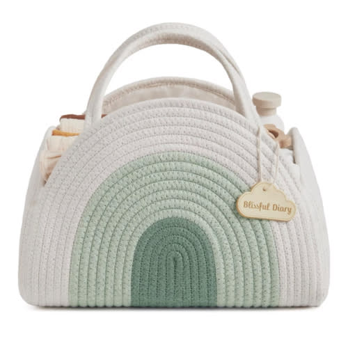 Blissful Diary Baby Diaper Caddy Organizer, Cotton Rope Diaper Caddy Basket, Large Storage Basket for Newborn Boys and Girls, Gift for Baby Shower List, Newborn Essentials, Mint Rainbow