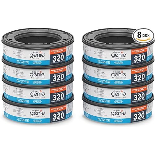 Diaper Genie Essentials Round Refill 8-Pack | Holds Up to 2560 Newborn Diapers | Features Unscented Continuous Film | Compatible with Diaper Genie Complete and Expressions Pails,8 Count (Pack of 1)