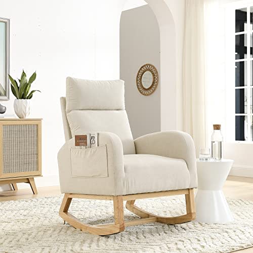 Nursery Rocking Glider Chair, Modern Fabric Tall Back Accent Rocker Chair Upholstered Arm Chair w/Side Pockets, Modern Leisure Single Sofa for Living Room, Hotel, Bedroom, Office, Beige