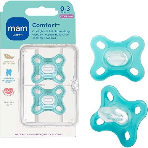 MAM Comfort Baby Pacifiers, Lightweight One-Piece Full Silicone Binky for Newborns 0-3 Months, BPA-Free Nipple, Easy to Clean Pacifier, Best for Breastfed Babies, with Sterilizer Case, 2 Count Binkies