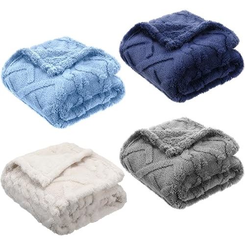 4 Pcs Fleece Baby Blankets 3D Plush Soft Newborn,Blue Set