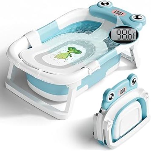 Baby Bathtub, Collapsible Newborn Bathtub for Infant to Toddler 0-24 Months with Soft Bath Net,Portable Travel Newborn Tub with No-Slip Feet, Baby Shower Gifts,Sky Blue