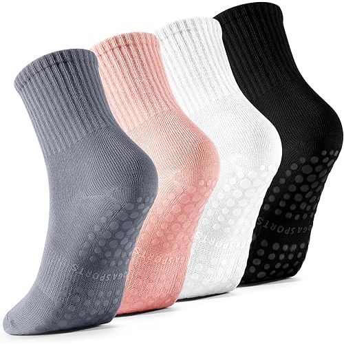 4 Pairs Pilates Socks with Grips for Women, Barre Yoga Grippy Socks, Womens Non Slip Pilates Crew Sticky Socks