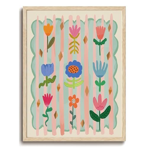 KISSFOX OAK Wood Framed Wall Art Flowers Wall Decor Whimsical Canvas Art Floral Pictures Cute Paintings Colorful Artwork Boho Prints For Nursery Kids Children Playroom Boys Girls