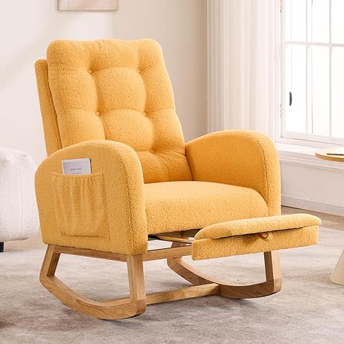 Nursery Rocking Chair,Rubber Wood Base Glider Rocking Chair with Adjustable Footrest and Side Pocket,Teddy Fleece Glider Rocker for Living Room, Bedroom (Teddy Fleece, Yellow)