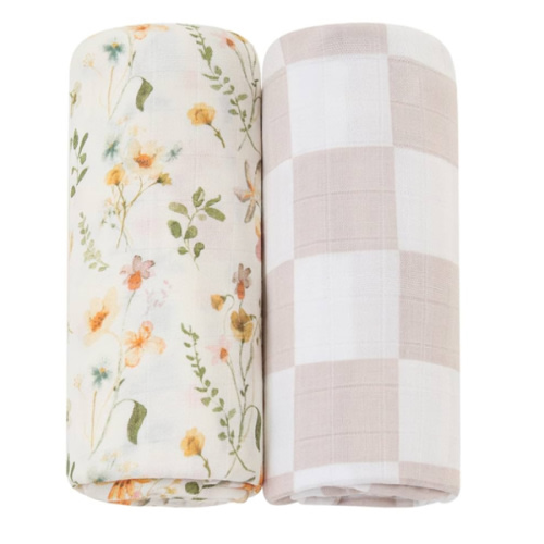 LifeTree Muslin Swaddle Blankets for Baby Girl, 2-Pack 70% Viscose from Bamboo and 30% Cotton Large Swaddle Blankets (47" x 47"), Floral & Dusty Pink Checkered