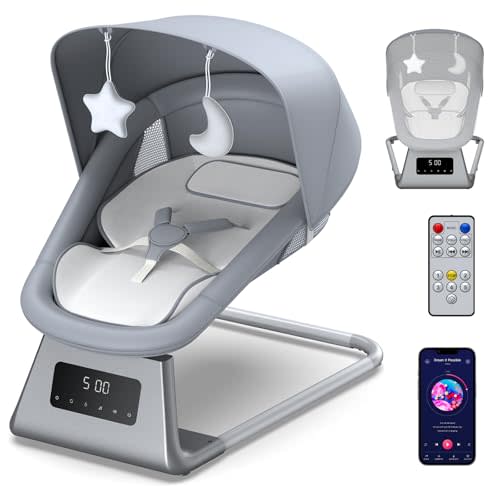 pudult Baby Swing, Electric Baby Rocker for Newborns with 3 Timer Functions, 5 Rocking Speeds, 11 Preset Lullabies and Bluetooth, 5-Point Harness, Suitable for Babies 0-6 Months, Up to 30 lbs（Grey）