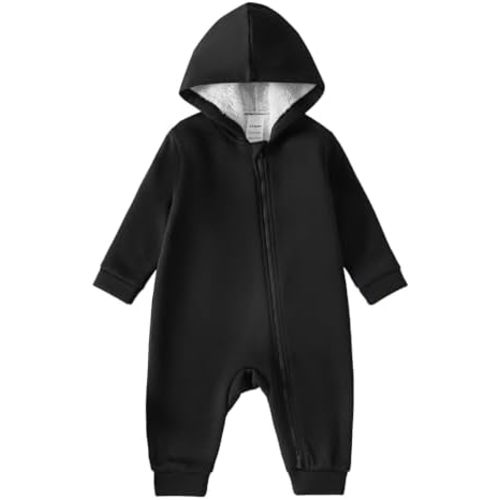 ROMPERINBOX Baby Boy Jumpsuit 2-Way Zipper Romper Hooded Fleece Lined Long Sleeve Footless Solid Outfits 0-24M