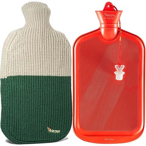 Peterpan Knit Rubber Hot Water Bottle with Wool Blend Cover, Size: XXX-Large, Hot Water Bottles for Pain Relief, BPA & PVC Free, 100 Fl Oz Capacity, Original, Wool Blend Hot Water Bottle, Gray & Green