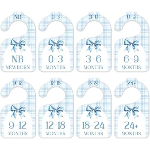 Blue Bow Baby Closet Dividers, Cute Gingham 8 Pack Double Sided Nursery Organizer From Newborn to 24 Months, Minimalist Clothes Size Hanger Separators for Boys Girls -15