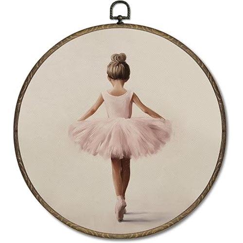 OINDADE Ballet Girl Nursery Round Wall Art Decor, Vintage Nursery Ballerina Dancer Wall Art Hanging Decor, Pink Preppy Ballet Dance Girl Framed Canvas Artwork for Living Room Girls Room, 10x10in