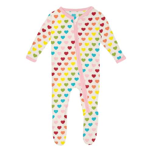Print Footie with 2 Way Zipper in Rainbow Hearts