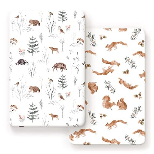 GRSSDER Stretchy Ultra Soft Jersey Knit Pack and Play Sheets 2 Pack, Portable/Mini Crib Sheets Universal Fitted for Playpen Mattress Safe and Snug, Stylish Cute Animal Print Baby Sheets - Jungle