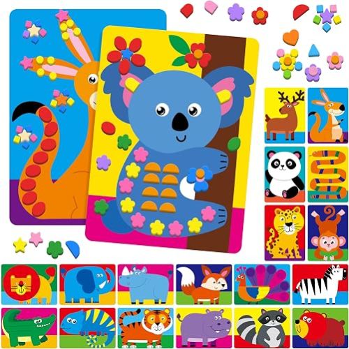 SpriteGru Foam Sticker Art Activity, 20 Wild Animal Art Boards with 1660 Foam Stickers in 10 Colors, Funny DIY Activity Creative Craft Kits Travel Game for Kids, Boys & Girls