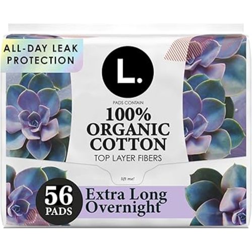 L. Extra Long Maxi Pads for Women, Overnight Absorbency, Organic Cotton Top Layer, Unscented Pads with Wings, 56 Count (2 Packs of 28)