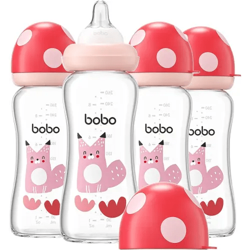 YOHKOH Natural Glass Baby Bottle with Level 2 Medium Flow Nipple, Newborn Anti-Colic Baby Bottles, Wide Neck Mushroom Baby Glass Bottle (8.8ounce (Pack of 4), Red2)