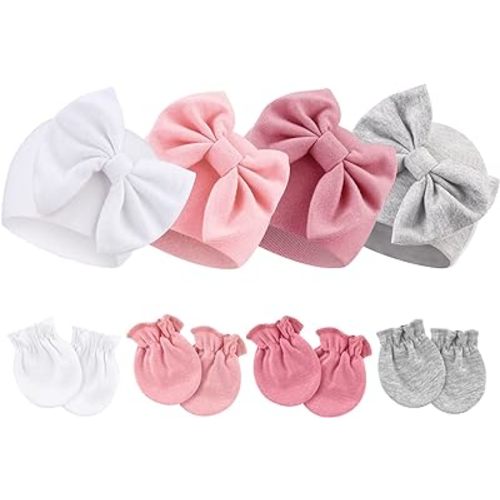 Newborn Baby Hats and Mittens Set Infant Bow Beanie Cap Toddler Gloves Newborn Hospital Hats for Baby Boy Girl 0-6 Months