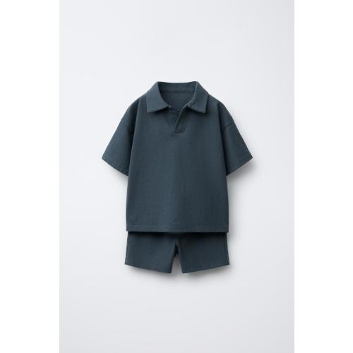 SOLID POLO AND BERMUDA JOGGING SET - Blue | ZARA United States