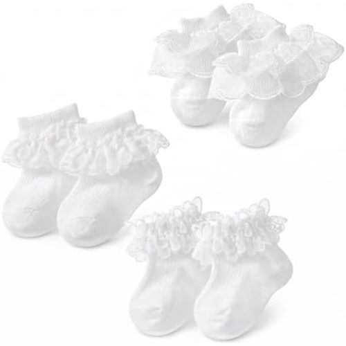 3 Pairs Baby Girl Ruffle Socks, White Double Lace Frilly Socks Cotton Dress Ankle Socks for Newborn Infant Toddler