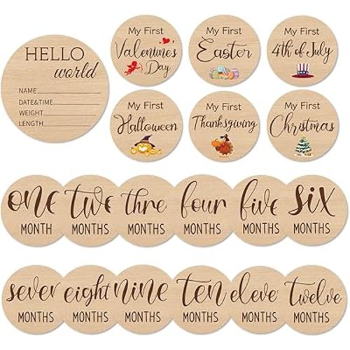 Baby Monthly Milestone Marker Discs，Reversible Wooden Photo Props for 1-12 Months, Newborn Announcement Sign, Holiday & “Hello World” Card, Keepsake Gift for Boy or Girl