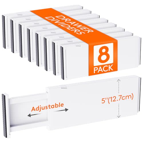 Lifewit 8 Pack 5" High Drawer Dividers 34-56cm/13.5-22" Adjustable Drawer Organizer for Clothes/Utensils, Expandable Drawer Separator in Dresser/Kitchen/Bedroom/Office Organization & Storage White