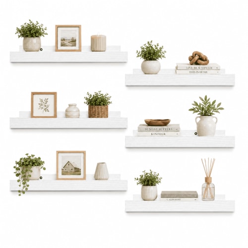 KAIWIN Floating Shelves for Wall, 15.7In White Wall Shelves for Decor Storage Set of 6, Wall Mounted Wood Shelves for Bedroom, Living Room, Bathroom, Kitchen