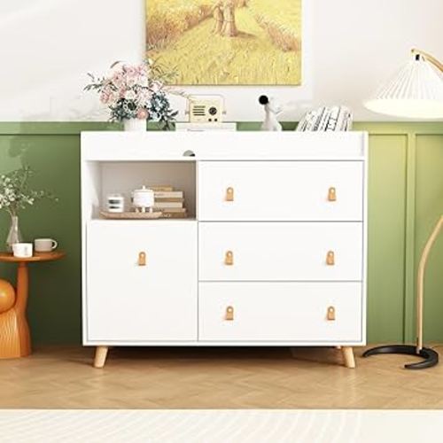 Changing Table Dresser, Baby Nursery Dresser with 3 Drawers and Shelf, Top Guardrail and Large Storage Cabinet, Hidden Trash Storage, Baby Changing Dressers for Nursery Room, White