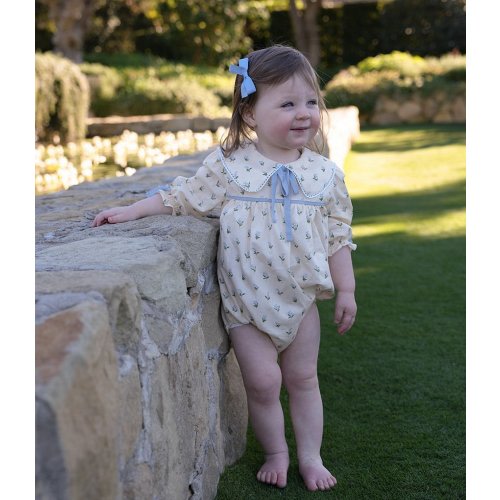 Edgehill Collection x Megan Karp Baby Girls Belle Floral Bow Detail Peter Pan Collar Long Sleeve Bubble Romper