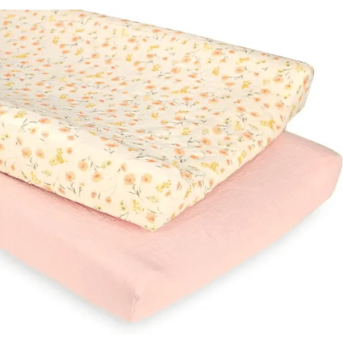 Hooyax Baby Changing Pad Cover 2-Pack, Muslin Soft Breathable Changing Table Pad Covers for Nursery, Easy Care Changing Pad Sheets for Girls and Boys(Pink, Flower)
