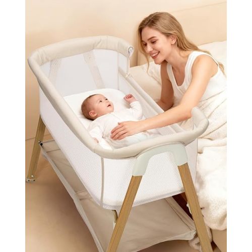 JevrJeur Baby Bassinet, Bedside Bassinet for Baby, Bassinet Bedside Sleeper with Mattress, Storage Basket and 4 Auto-Lock Wheels, Full-Mesh Sides, Bedside Mini Crib for Newborn (Beige)