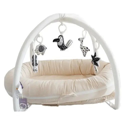 CooCooBaby Deluxe Infant Lounger, Baby Nest Cover for Baby Girls & Boys, Newborn Essentials for Baby 0-12 Months, 100% Cotton (CreamyWhite + Play Arch)