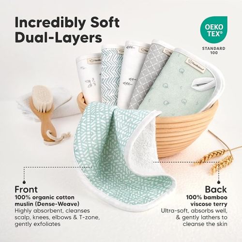 6-Pack Cotton Baby Washcloths for Newborn - Organic Cotton Muslin Soft Wash Cloths for Babies, Infant, Kids, Toddler Towels for Boy, Girl, Super Absorbent Face Cloths, Scratch-Free Baby Rags (Nordic)