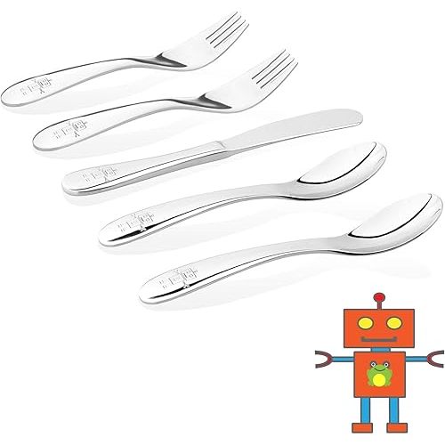 Kids Stainless Steel Utensils or Flatware set (Set of 5, Robot flatware)