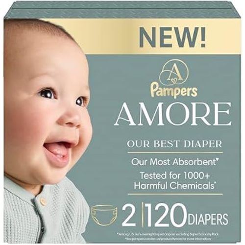 Pampers Amore Diapers Size 2, 120 Count, with Pampers Aqua Pure Water Based Baby Wipes 6X Flip-Top Packs (336 Count)