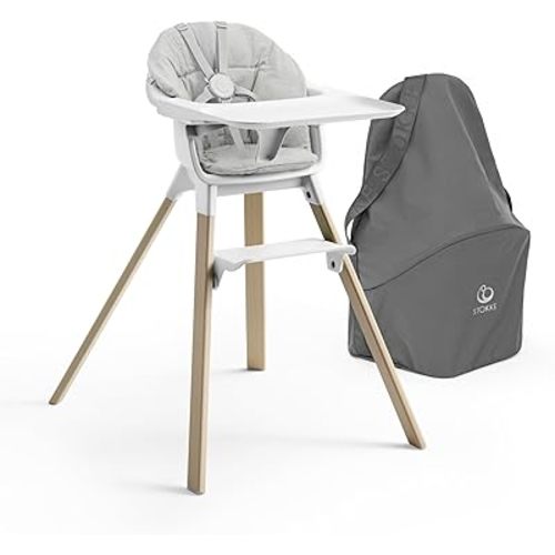 Stokke Clikk High Chair (White) with Clikk Cushion (Nordic Grey) + Travel Bag - Includes Tray & Harness - Light, Durable & Travel Friendly - Best for 6-36 Months or Up to 33 lbs