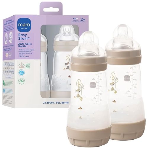MAM 9oz Easy Start Anti-Colic Wide Neck Vented Baby Bottle, Medium Flow Breastfeeding-Like Nipple, Reduces Colic Gas & Reflux, Easy to Clean, BPA Free, 2+ Months, Made in Europe, 2 Pack, Unisex