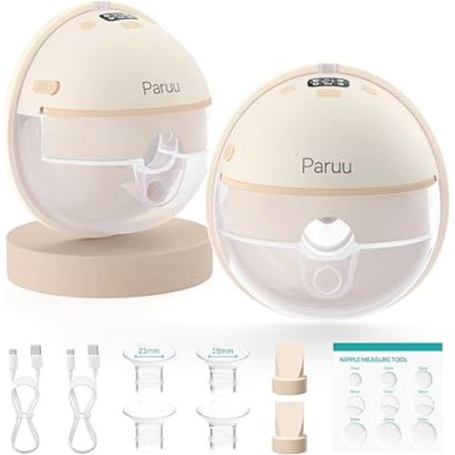 Paruu Hands Free Breast Pump P16, Wearable Breast Pump Electirc Portable with 4 Modes & 12 Levels, Max 309mmHg Strong Suction 19/21/24mm Flange Inserts Wearable Breastfeeding Pump, 2 Pack(Nude